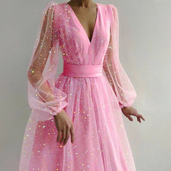 Sparkling Sleeveless Mesh V Neck Lantern Fairy Princess Dress