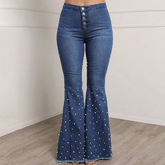 Fashion Solid Beading Flared Jeans High Waist Single breasted Casual Denim