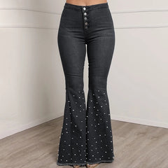 Fashion Solid Beading Flared Jeans High Waist Single breasted Casual Denim