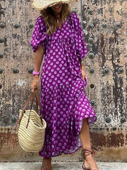 Female Loose V Neck Bohemian Long Dress