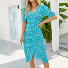 Irregular Floral Summer Casual V Neck Puff Sleeve Button A Line Women's Dress