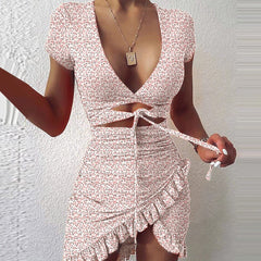 Floral Print Fashion Tie Up Wrap Mini Dress