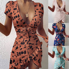 Floral Print Fashion Tie Up Wrap Mini Dress