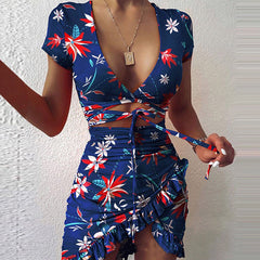 Floral Print Fashion Tie Up Wrap Mini Dress
