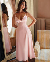 Pink Satin V-neck Bow Strap Flare Midi Dress
