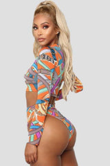 Front Zipper Long Sleeve Printed Set Swimwear
