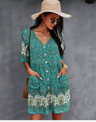 New Floral Print Summer Casual V Neck Bohemian Short Sleeve Dress For Woman