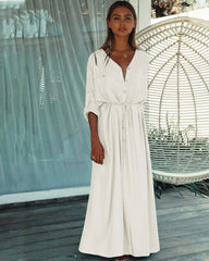 Button Pockets Front Open Self Belted High Waist Summer Dress