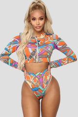 Front Zipper Long Sleeve Printed Set Swimwear