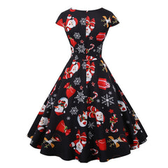 Snowflake Printed Red V Neck Wrap High Waist Vintage Robe Christmas Dress