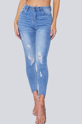 Elastic Ripped Cutout Cuff Washed Jeans