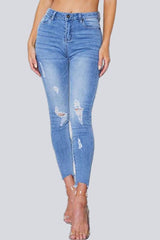 Elastic Ripped Cutout Cuff Washed Jeans