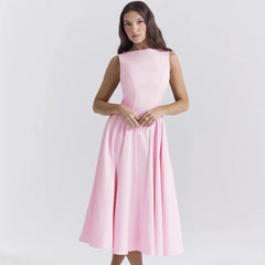 Pink High Neck Sleeveless Midi Dress