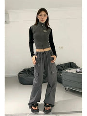 Hippie Vintage Gray Cargo Y2K Streetwear Baggy Techwear Wide Leg Sweatpant