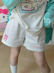 Kawaii Beige Shorts Japanese Style Cartoon Wide Leg Pant