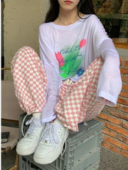 Pink Plaid Korean Fashion Oversized Jogging Pant