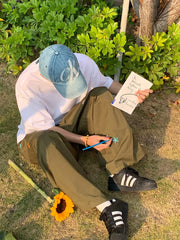 Vintage Korean Green Cargo Harajuku Hippie Kpop Floral Embroidery Baggy Pant