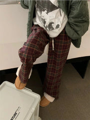 Red Plaid Winter Warm Fleece Korean Style Oversize Pant
