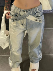 Baggy Blue Korean Style Retro Distressed Oversized Pant