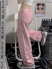 Pink Low Rise Wide Leg Denim Y2K Kawaii Fashion Pant