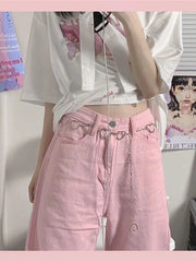 Pink Low Rise Wide Leg Denim Y2K Kawaii Fashion Pant