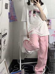 Pink Low Rise Wide Leg Denim Y2K Kawaii Fashion Pant