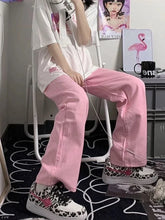 Pink Low Rise Wide Leg Denim Y2K Kawaii Fashion Pant