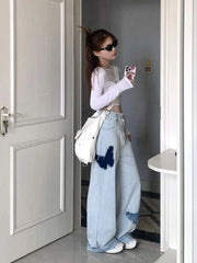 Blue Baggy Y2K Hippie Graphic Denim Oversize Patchwork Pant