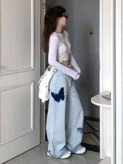 Blue Baggy Y2K Hippie Graphic Denim Oversize Patchwork Pant