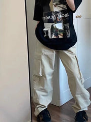 Y2K Retro Beige Cargo Vintage Streetwear Pockets Wide Leg Fashion Pant