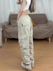 Y2K Retro Beige Cargo Vintage Streetwear Pockets Wide Leg Fashion Pant
