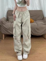 Y2K Retro Beige Cargo Vintage Streetwear Pockets Wide Leg Fashion Pant