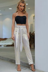 High Waist Metallic Belt Pants