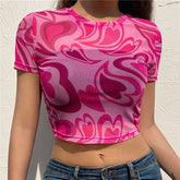 Fuchsia Heart Printed Mesh Top