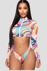 Front Zipper Long Sleeve Printed Set Swimwear