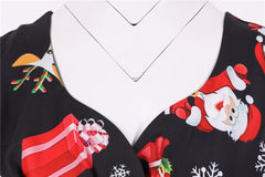 Snowflake Printed Red V Neck Wrap High Waist Vintage Robe Christmas Dress