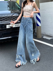 High Waist Tassels Hole Jeans Vintage Straight Baggy Denim Pants