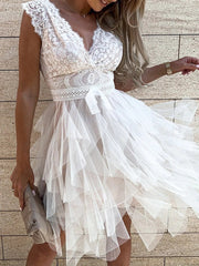 Lace Patchwork Asymmetrical White Dress Femme Sleeveless Slim Fit Party