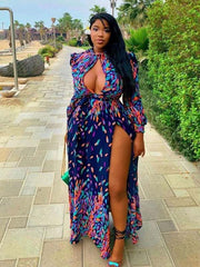 Feather Open Bust Slit Maxi Dress