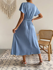 Sweet Solid Dress Puff Short Sleeve O Neck High Waist Casual Long Dresses