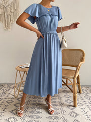 Sweet Solid Dress Puff Short Sleeve O Neck High Waist Casual Long Dresses