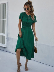Sweet Solid Dress Puff Short Sleeve O Neck High Waist Casual Long Dresses