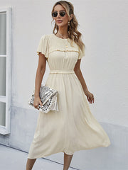 Sweet Solid Dress Puff Short Sleeve O Neck High Waist Casual Long Dresses
