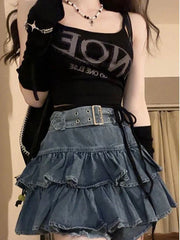Retro Ruffled Fake Two piece High Waist Cake Denim Skirt