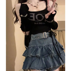 Retro Ruffled Fake Two piece High Waist Cake Denim Skirt