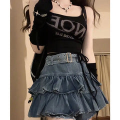 Retro Ruffled Fake Two piece High Waist Cake Denim Skirt