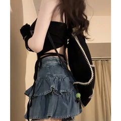 Retro Ruffled Fake Two piece High Waist Cake Denim Skirt