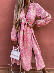 New Spring Long Sleeve Print Lace Up Dress