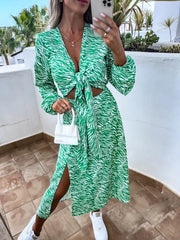 New Spring Long Sleeve Print Lace Up Dress