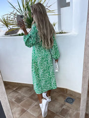 New Spring Long Sleeve Print Lace Up Dress